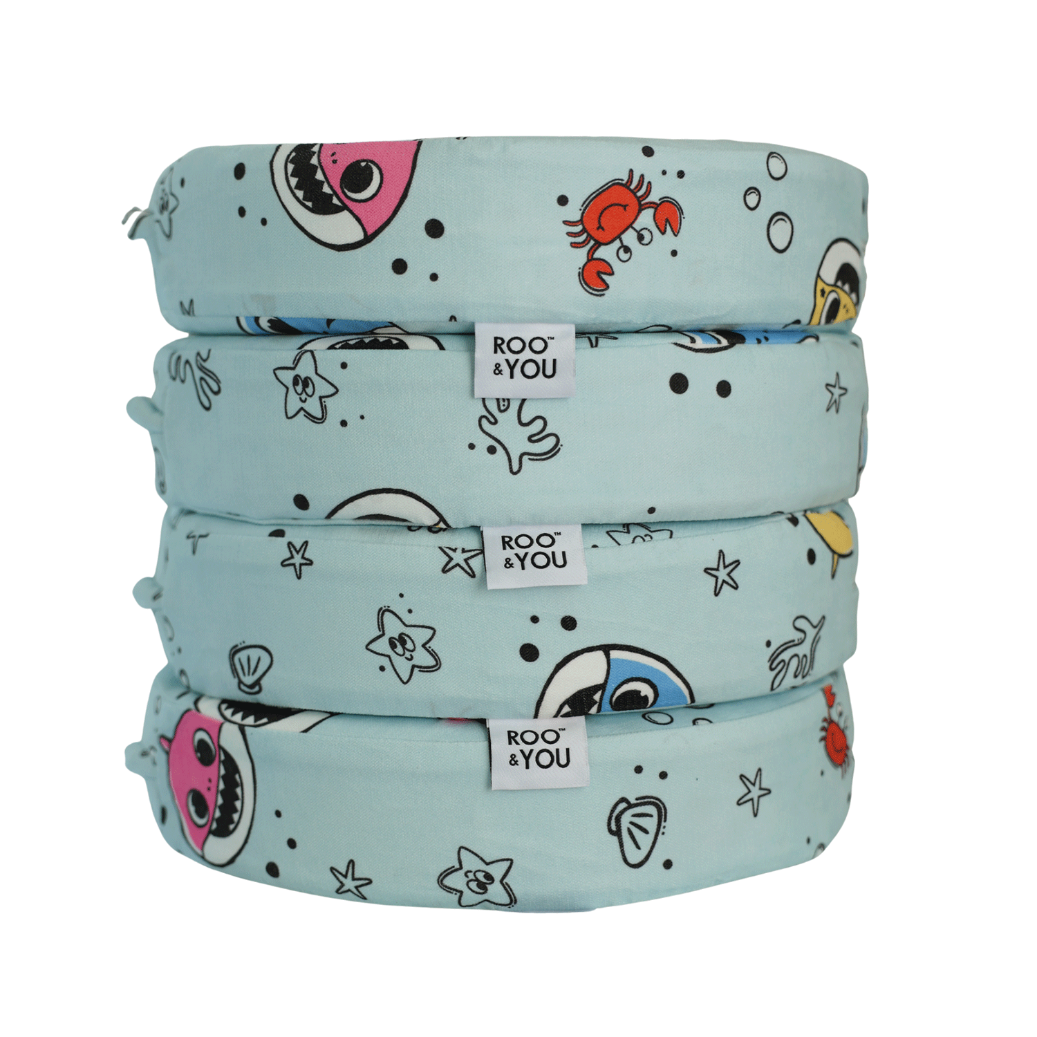 Stack of Baby Shark™ x Roo & You™ Stepping Stones in light blue ocean-themed print.