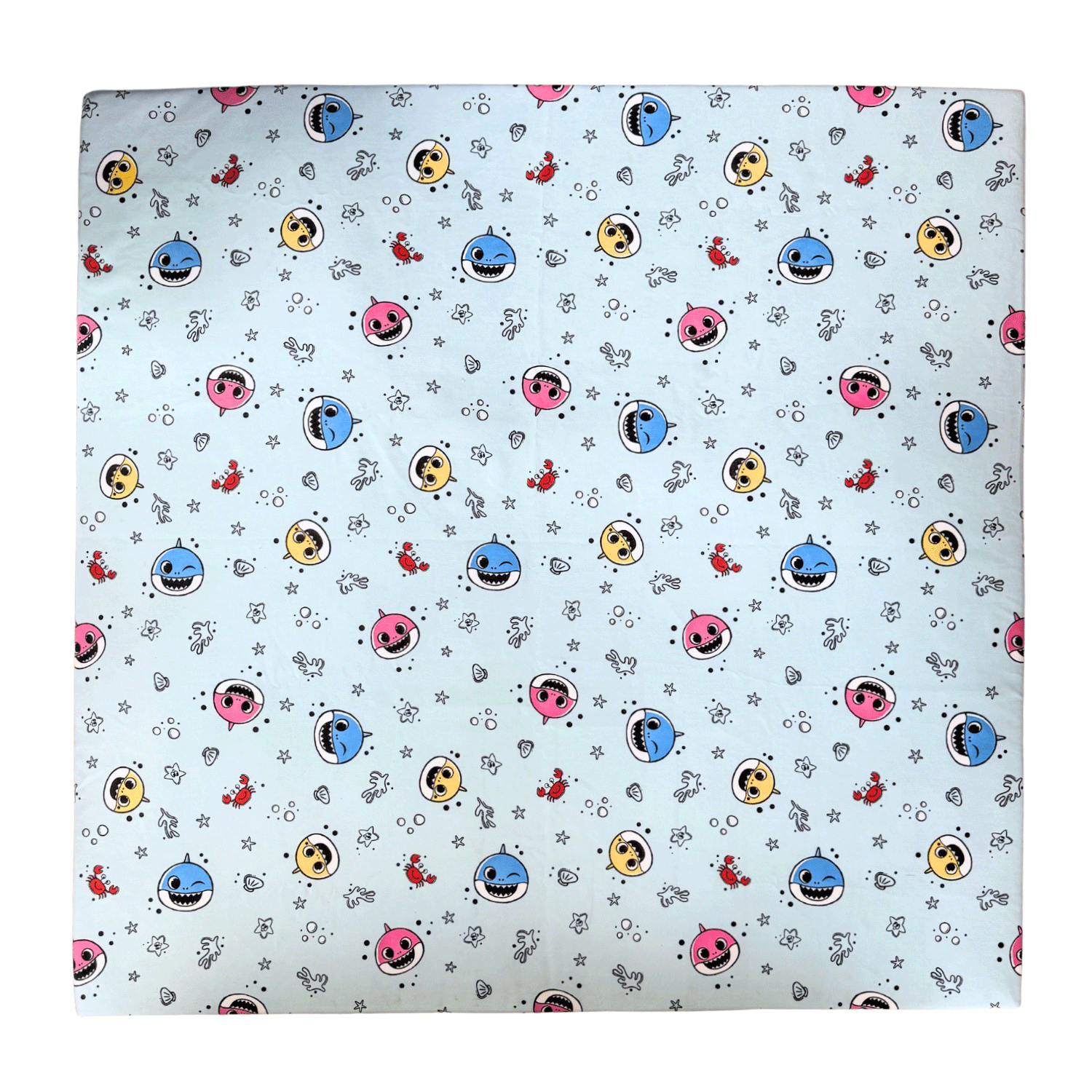 Flat lay of Baby Shark™ x Roo & You™ Play Mat Cover with colorful character print.