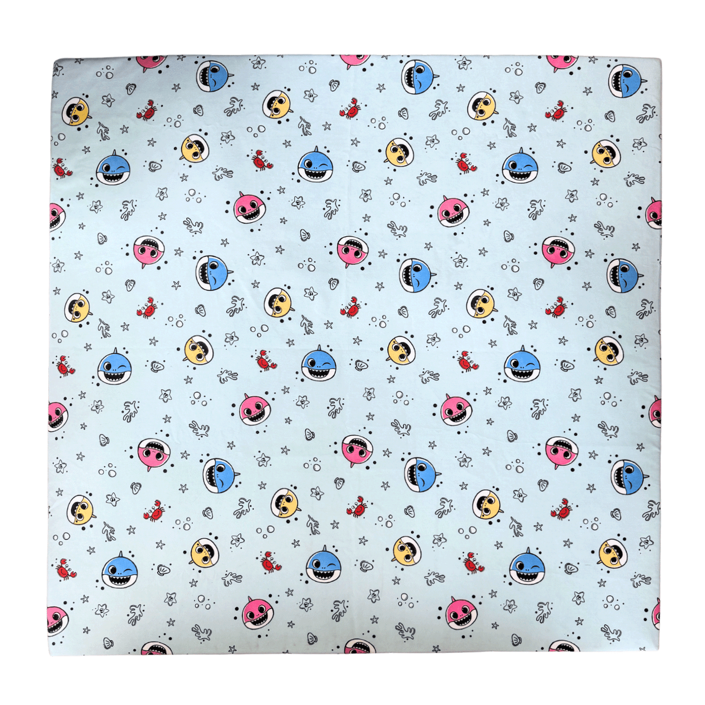 Flat lay of Baby Shark™ x Roo & You™ Play Mat Cover with colorful character print.