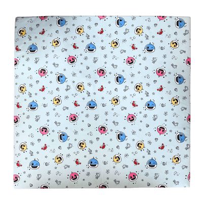 Flat lay of Baby Shark™ x Roo & You™ Play Mat Cover with colorful character print.