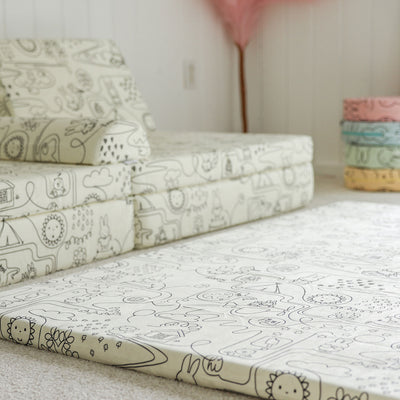 Playroom with Miffy™ x Roo & You™ Joey Play Couch and play mat covered in bunny print.