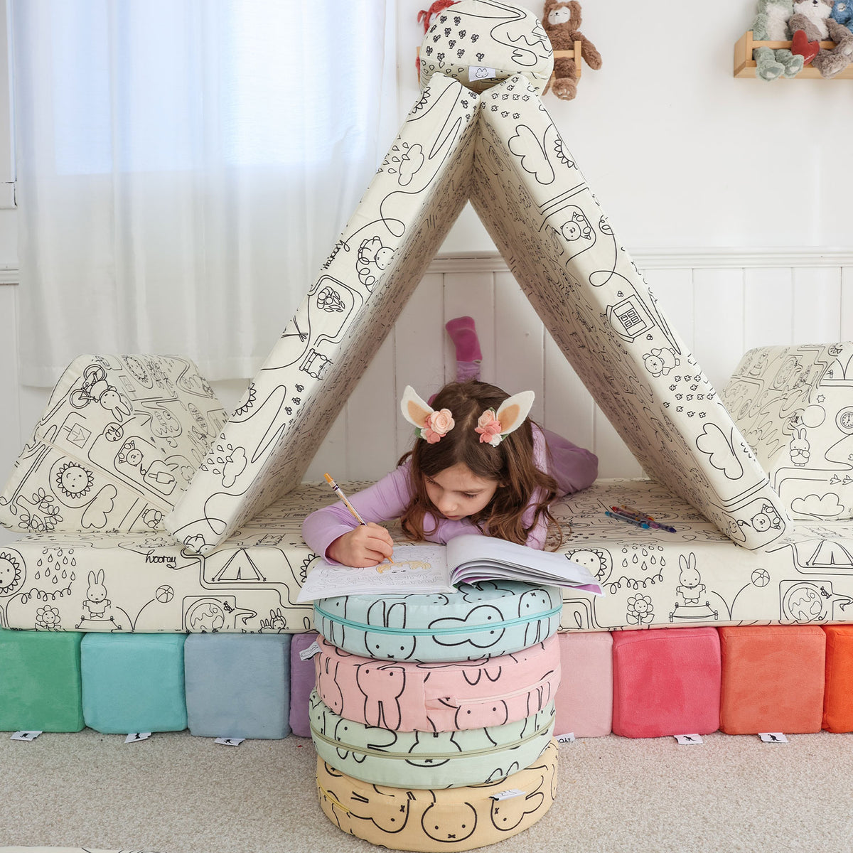 Playroom with Miffy™ x Roo & You™ Joey Play Couch and play mat covered in bunny print