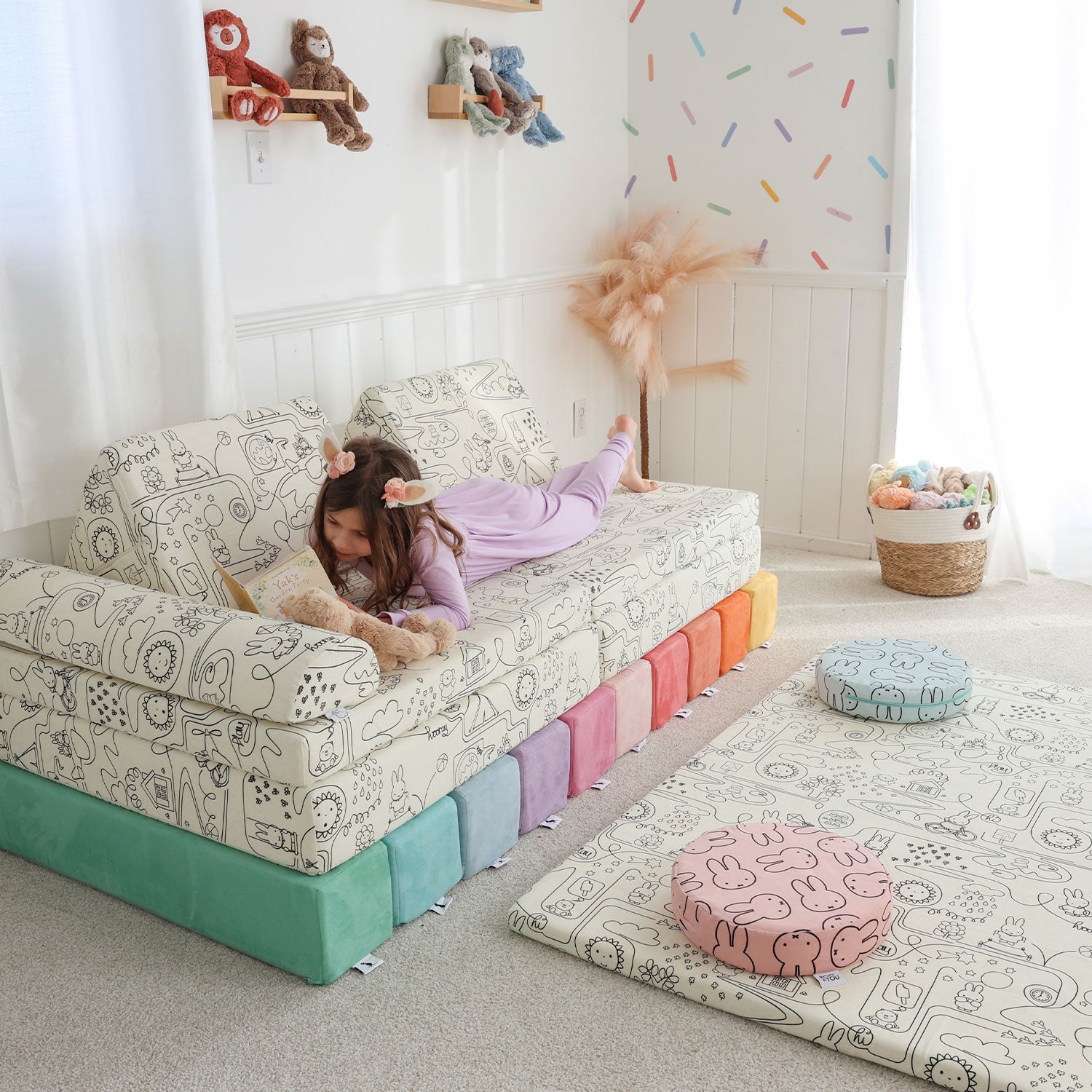 Playroom with Miffy™ x Roo & You™ Joey Play Couch and play mat covered in bunny print.