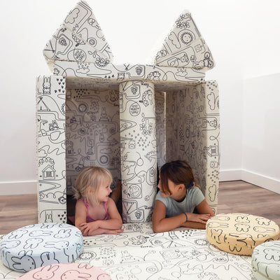 Kids playing with Miffy™ x Roo & You™ Joey Play Couch covered in bunny print.